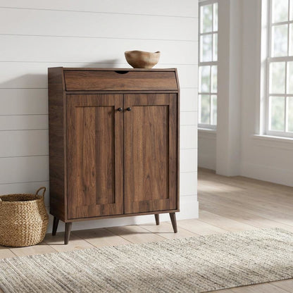 Mid-Century Modern Walnut Brown Shoe Storage Cabinet with 2 Doors