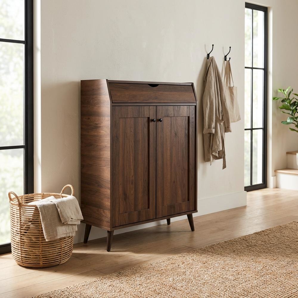 Mid-Century Modern Walnut Brown Shoe Storage Cabinet with 2 Doors