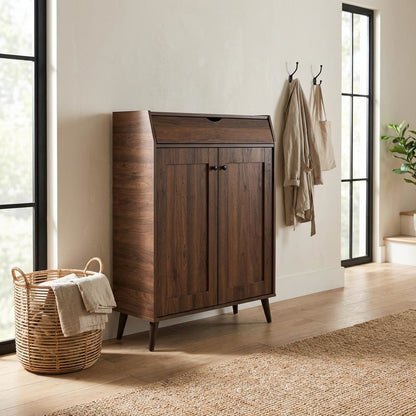 Mid-Century Modern Walnut Brown Shoe Storage Cabinet with 2 Doors