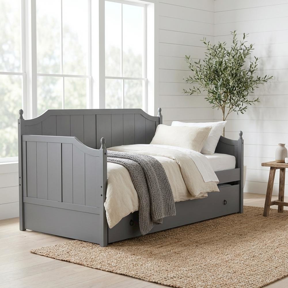 Grey finish wood twin size daybed with trundle, rustic style, sturdy frame
