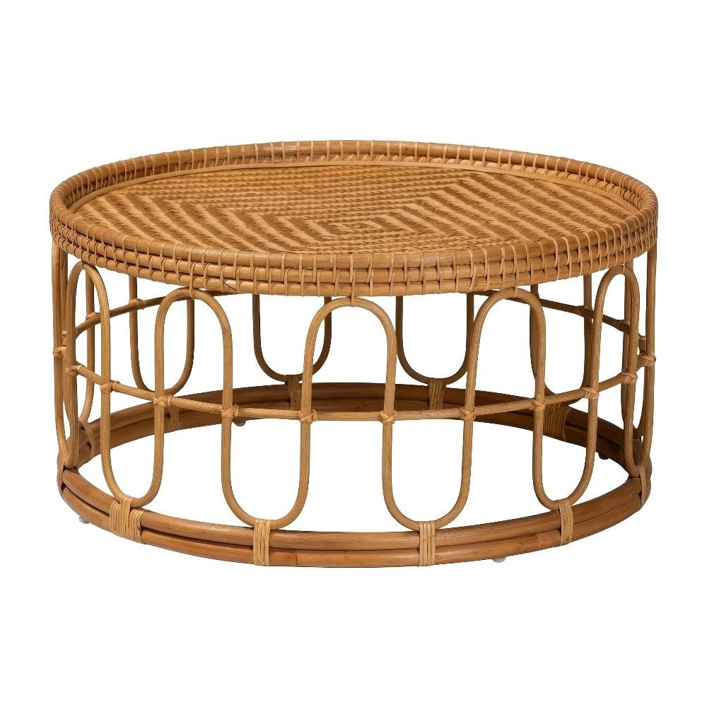 Light Honey Rattan Coffee Table with Real Plywood Top Bohemian Style