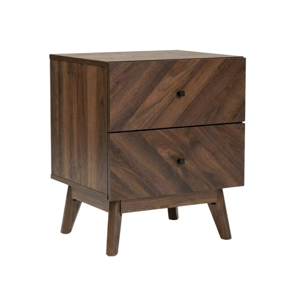 Walnut Finish Mid-Century Modern Nightstand with 2 Drawers and Mdf Frame