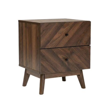 Walnut Finish Mid-Century Modern Nightstand with 2 Drawers and Mdf Frame