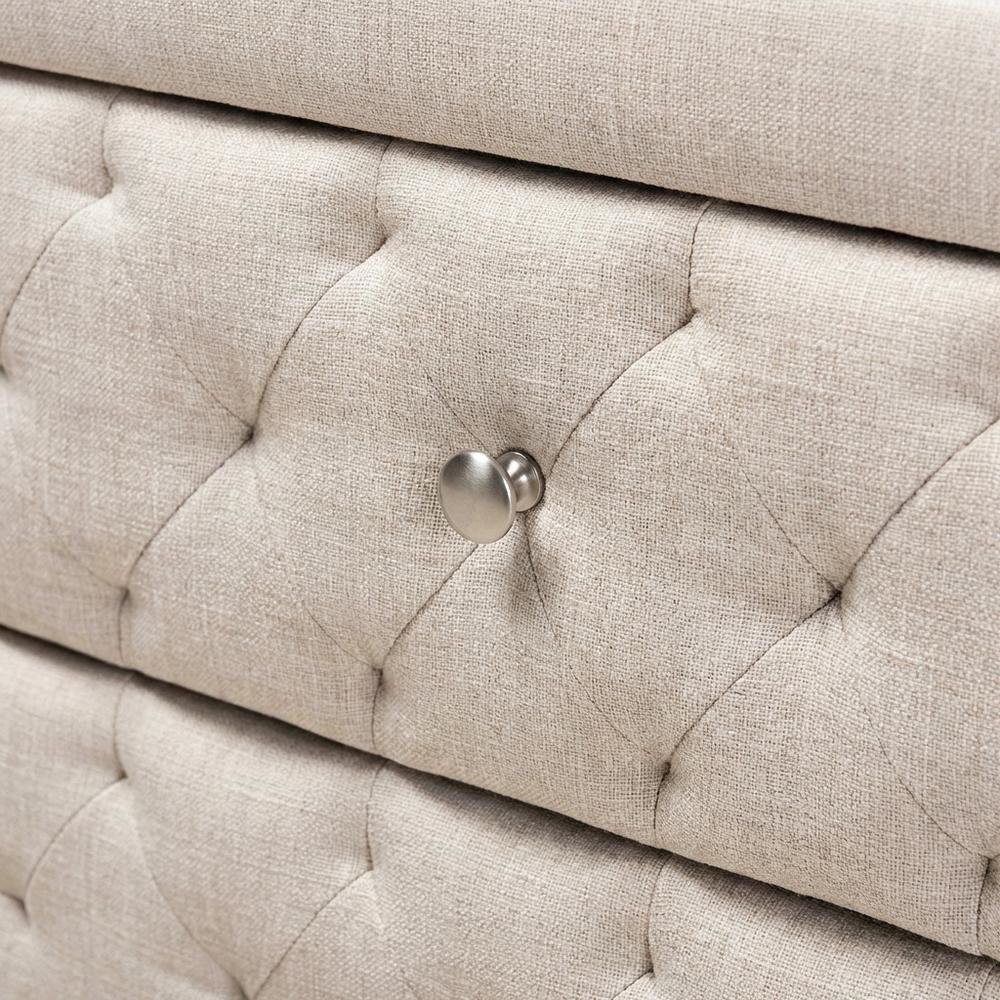 Light Beige Fabric Upholstered Nightstand with Wood Frame and Button Tufting