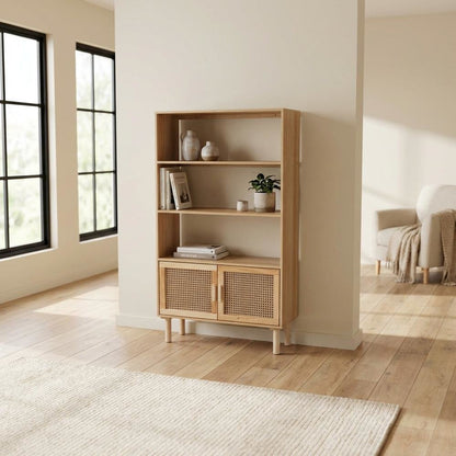 Wood and Rattan Bookcase with 2 Doors, Light Brown Finish for Living Room