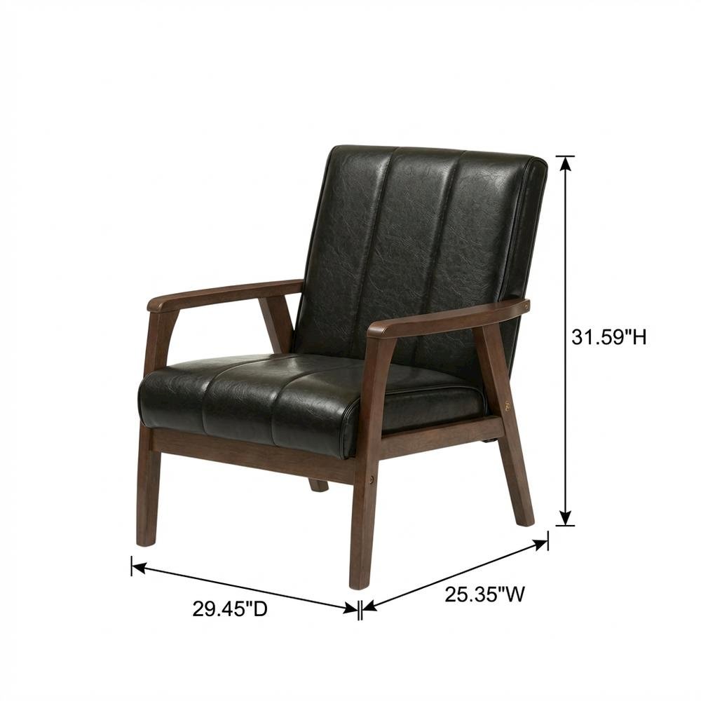 Black Faux Leather Scandinavian Lounge Chair with Wooden Frame