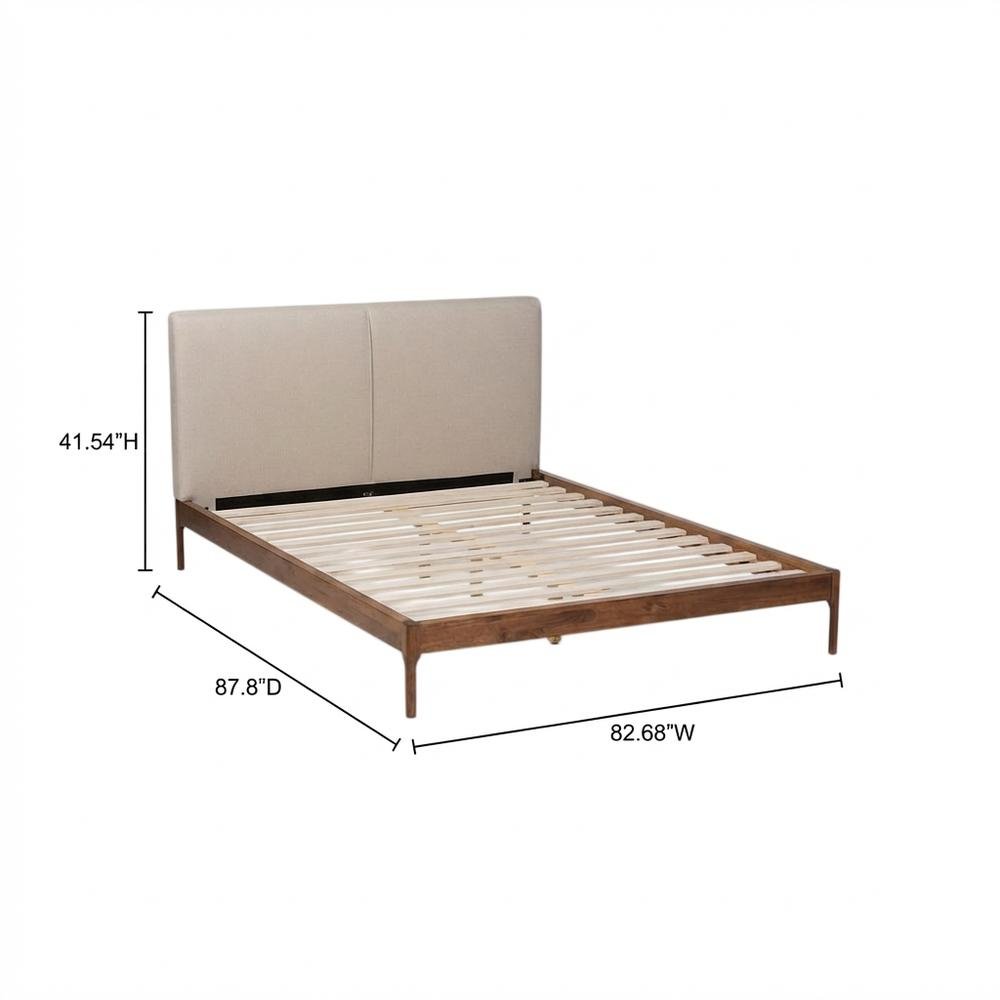 Beige Fabric Upholstered King Platform Bed with Walnut Finish and Modern Style