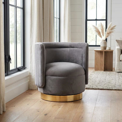 Glam Grey Velvet Accent Chair with Swivel Function and Gold Finish