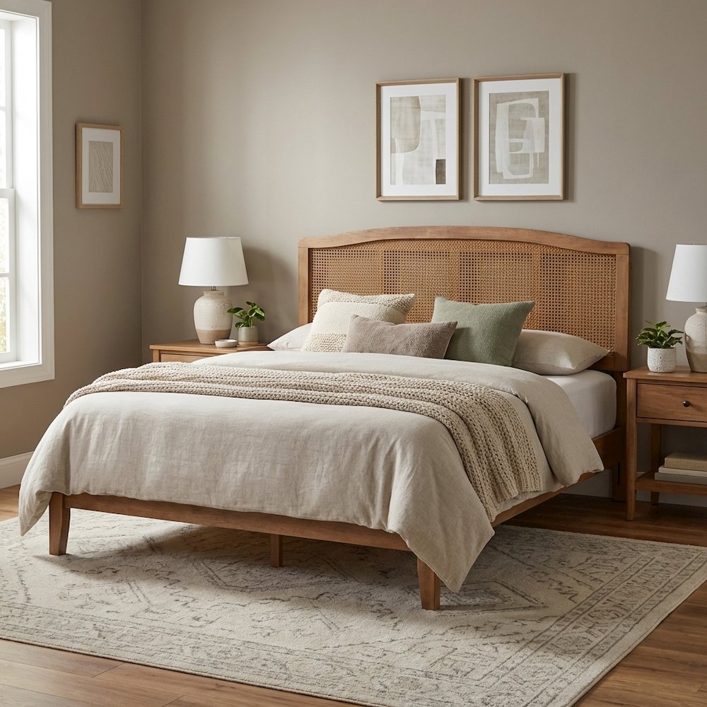 Brown Rubberwood King Size Headboard, Synthetic Rattan Panel, Modern Design