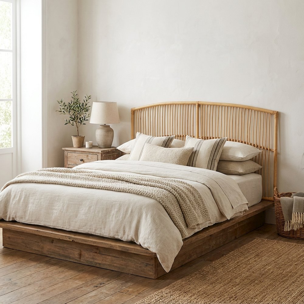 Brown Rattan Wall-Mount Queen Headboard, Bohemian Style, Non-Tufted Design