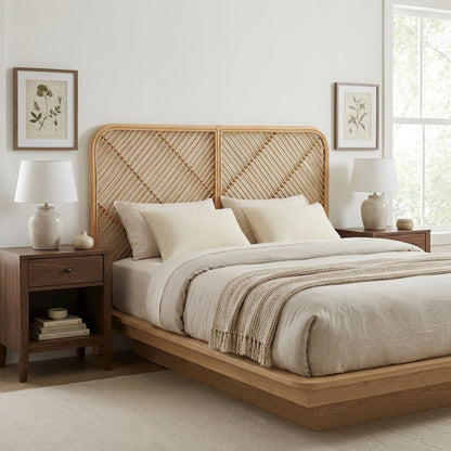 Brown Rattan Queen Size Wall-Mount Headboard, Bohemian Design, Durable Frame