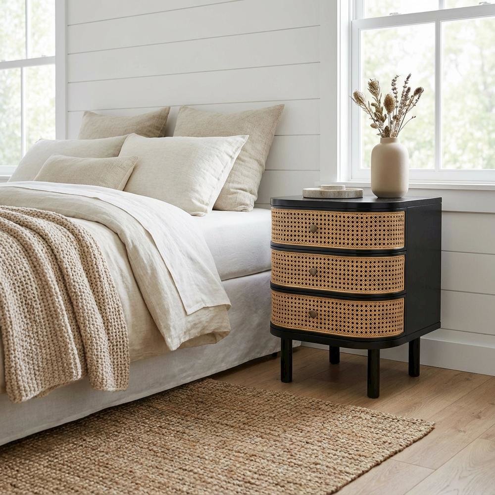 Bohemian Bayur Wood and Rattan Nightstand with 3 Drawers and Light Finish