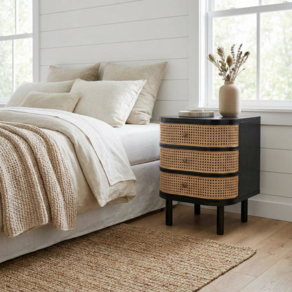 Bohemian Bayur Wood and Rattan Nightstand with 3 Drawers and Light Finish