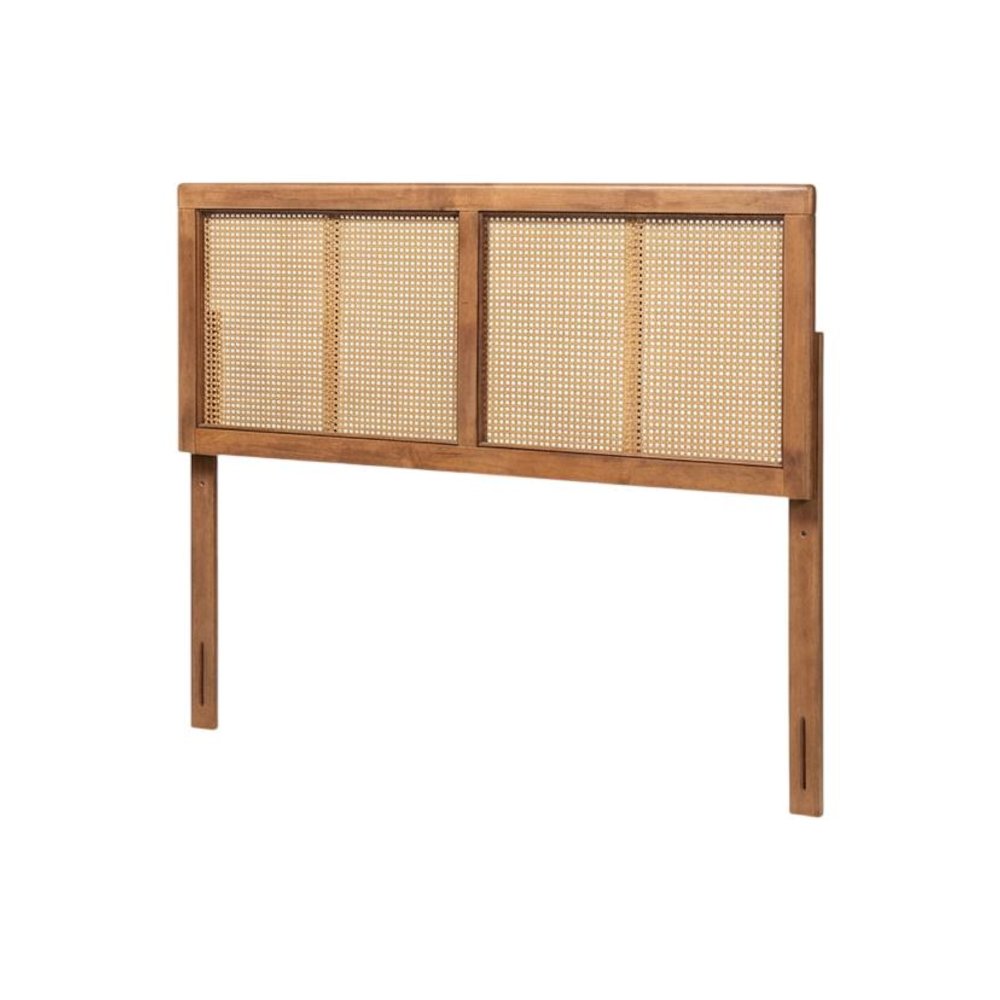Brown Ash Walnut Finished Wood Headboard, Synthetic Rattan Frame, Mid-Century
