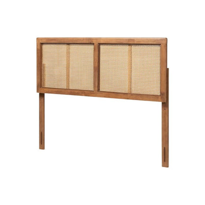 Brown Ash Walnut Finished Wood Headboard, Synthetic Rattan Frame, Mid-Century