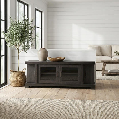 Contemporary Brown Wood TV Stand with Glass Doors and Elegant Finish