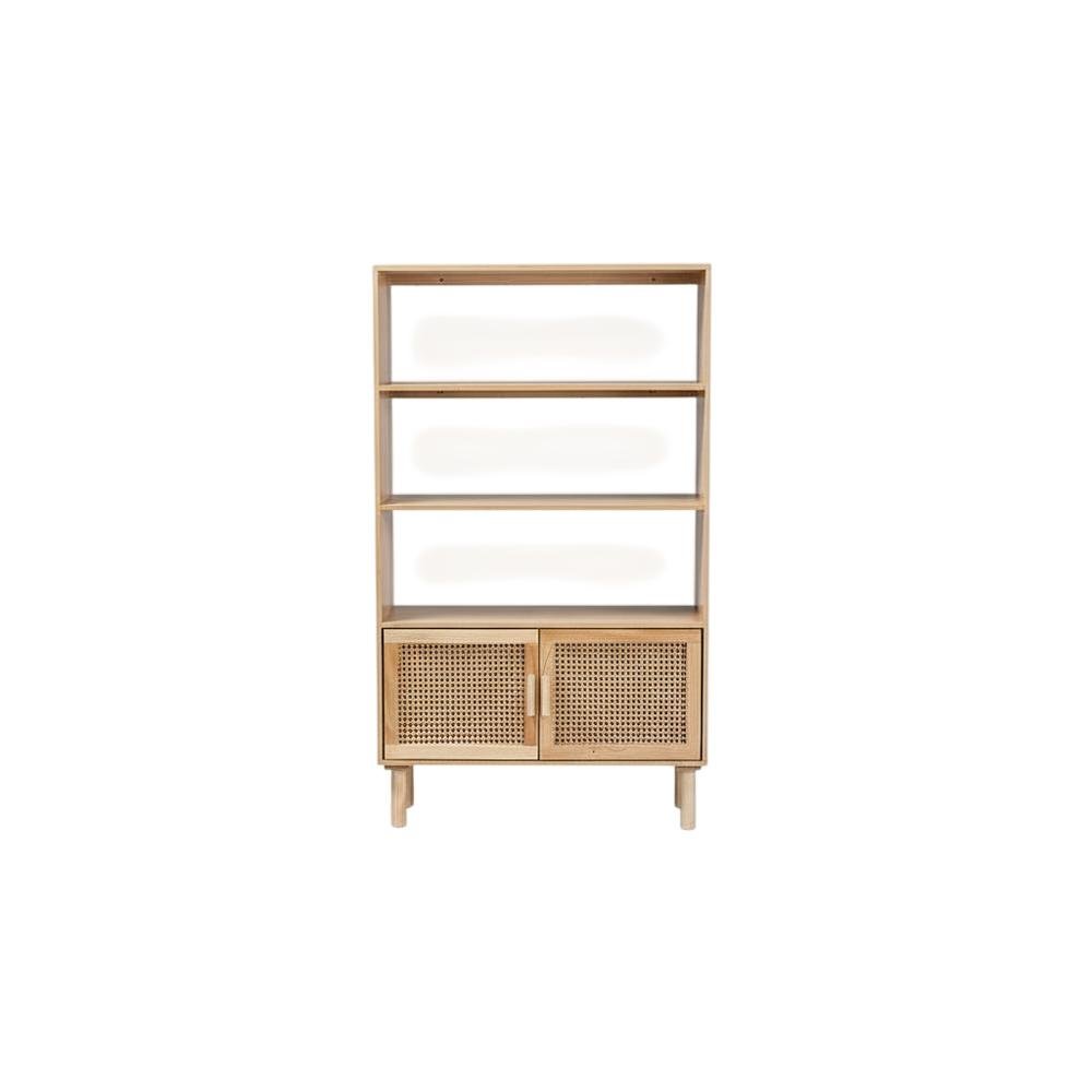 Wood and Rattan Bookcase with 2 Doors, Light Brown Finish for Living Room
