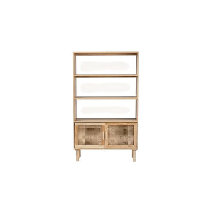 Wood and Rattan Bookcase with 2 Doors, Light Brown Finish for Living Room