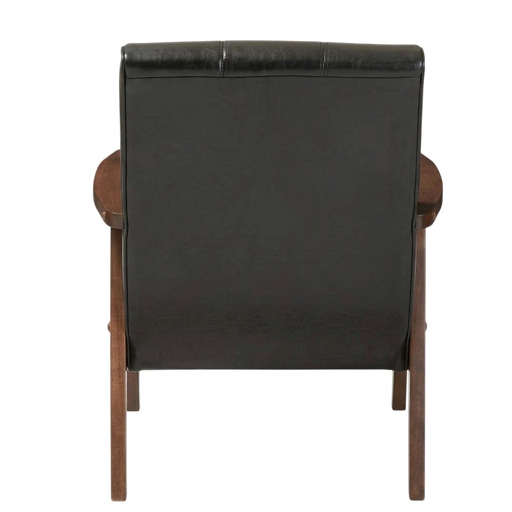 Black Faux Leather Scandinavian Lounge Chair with Wooden Frame