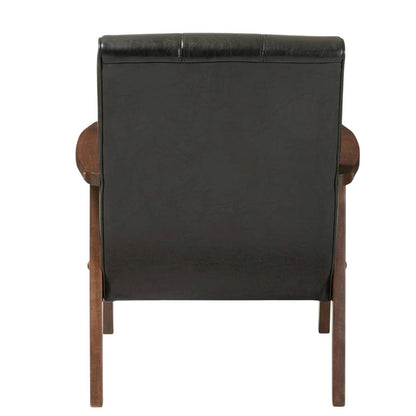 Black Faux Leather Scandinavian Lounge Chair with Wooden Frame