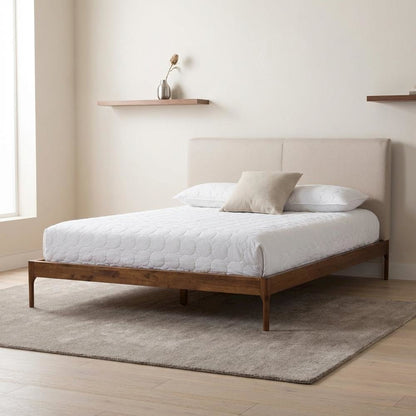 Beige Fabric Upholstered King Platform Bed with Walnut Finish and Modern Style
