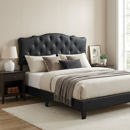Black Faux Leather Queen Headboard, Button-Tufted Upholstery, Scalloped Design