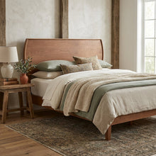 Brown Mid-Century Modern Queen Headboard with Rubberwood Frame and Wood Legs