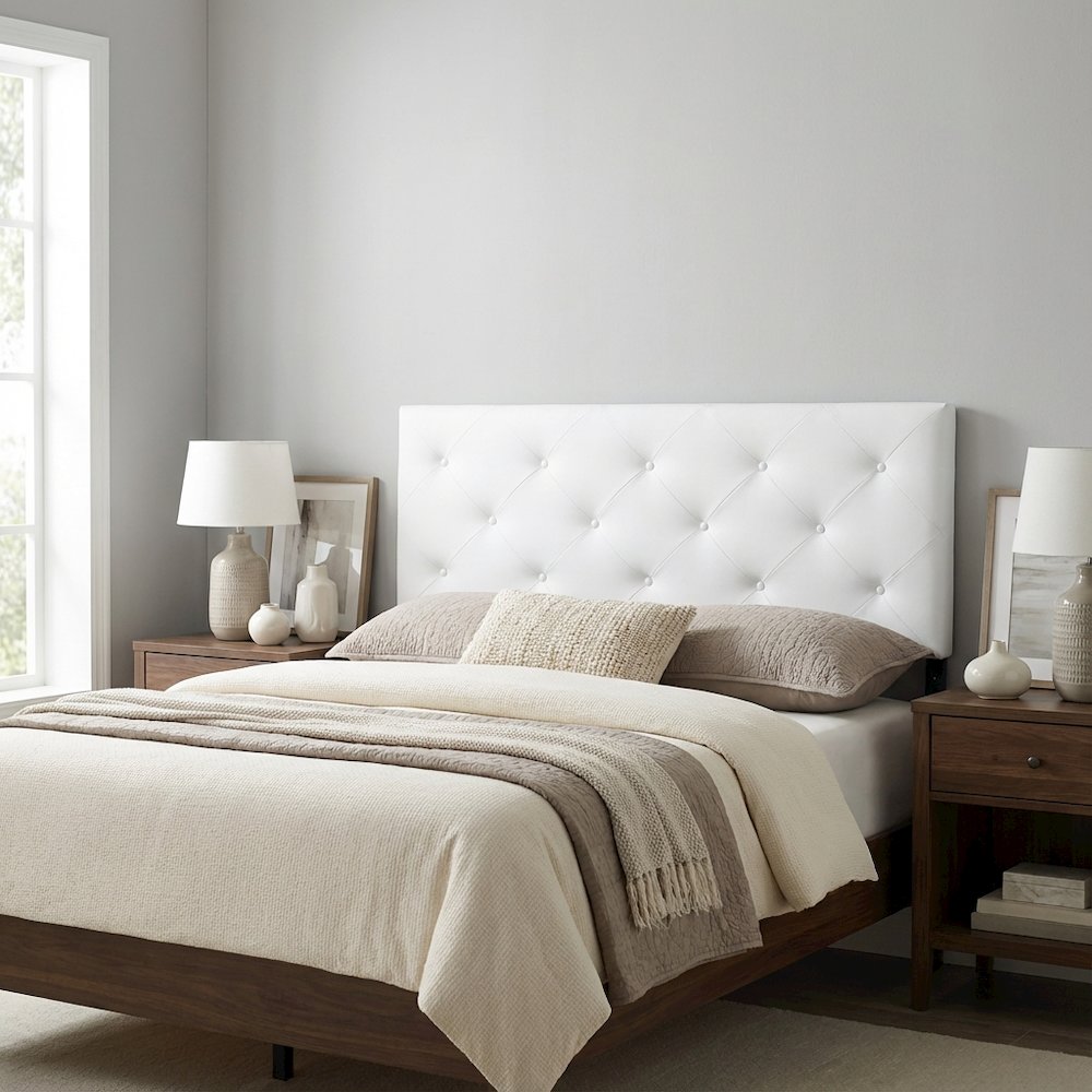 White Faux Leather Upholstered Headboard, Foam Padding, Contemporary Design