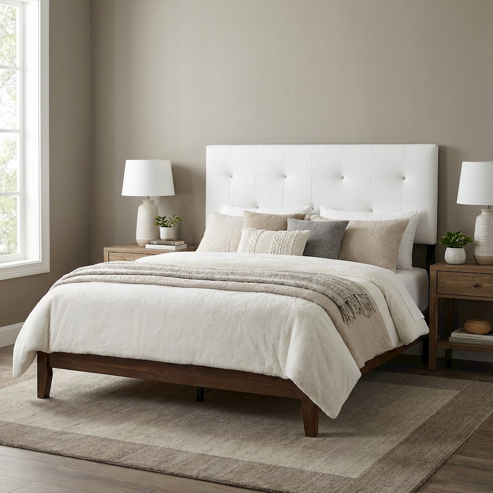 White Faux Leather Headboard Queen Size with PU Foam Padding and Wood Frame