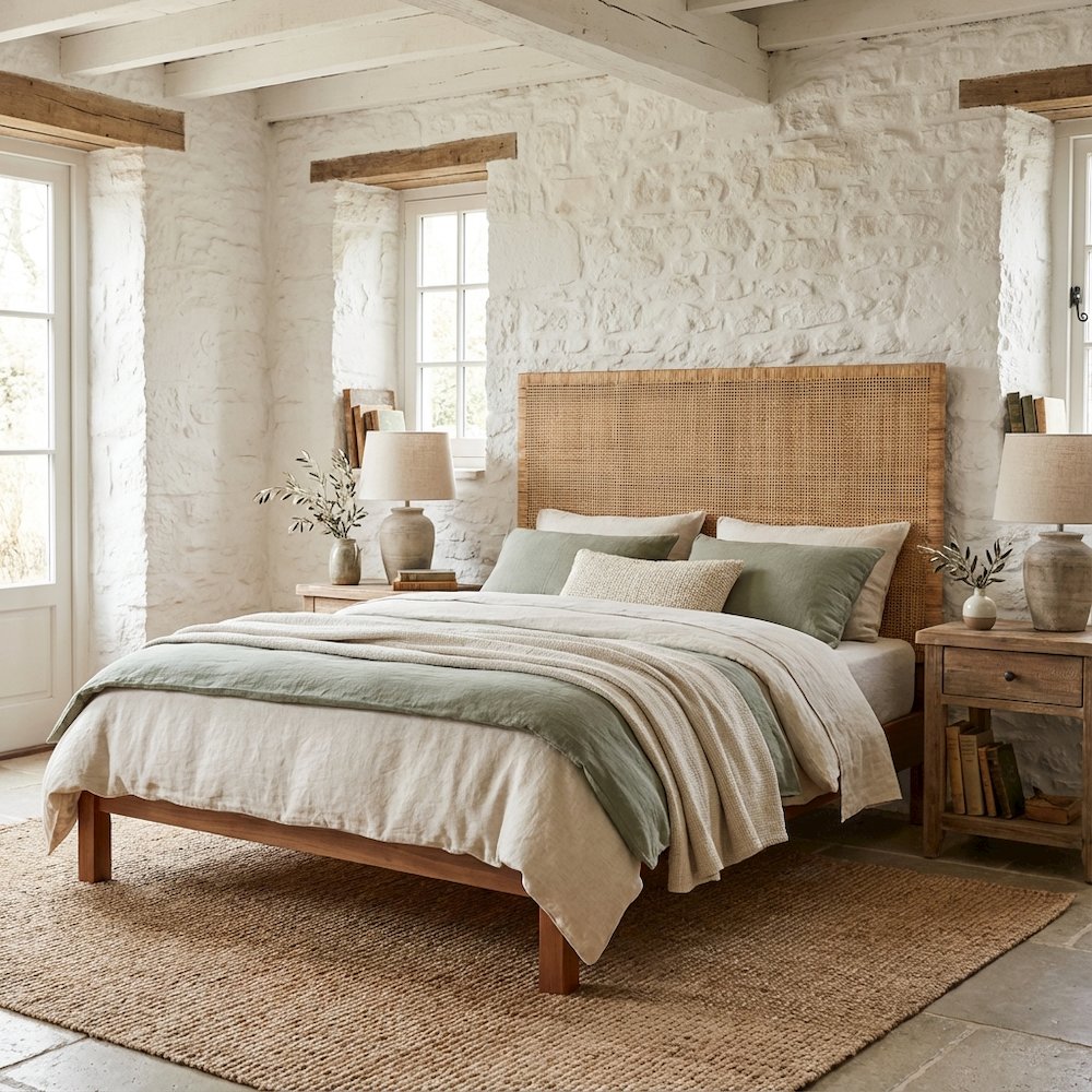 Red Teak Queen Headboard, Rattan Panels, Mahogany Wood Legs for Bohemian Decor