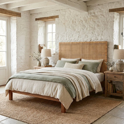 Red Teak Queen Headboard, Rattan Panels, Mahogany Wood Legs for Bohemian Decor