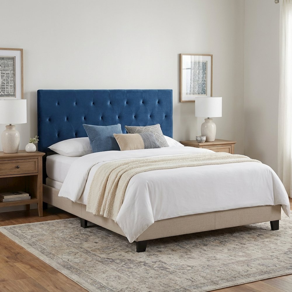 Navy Blue Velvet Upholstered Headboard with Diamond Tufting and Foam Padding
