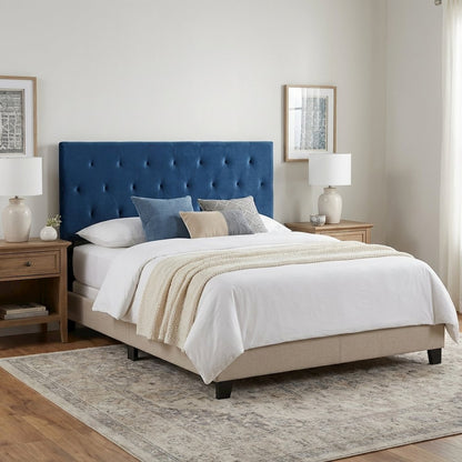 Navy Blue Velvet Upholstered Headboard with Diamond Tufting and Foam Padding