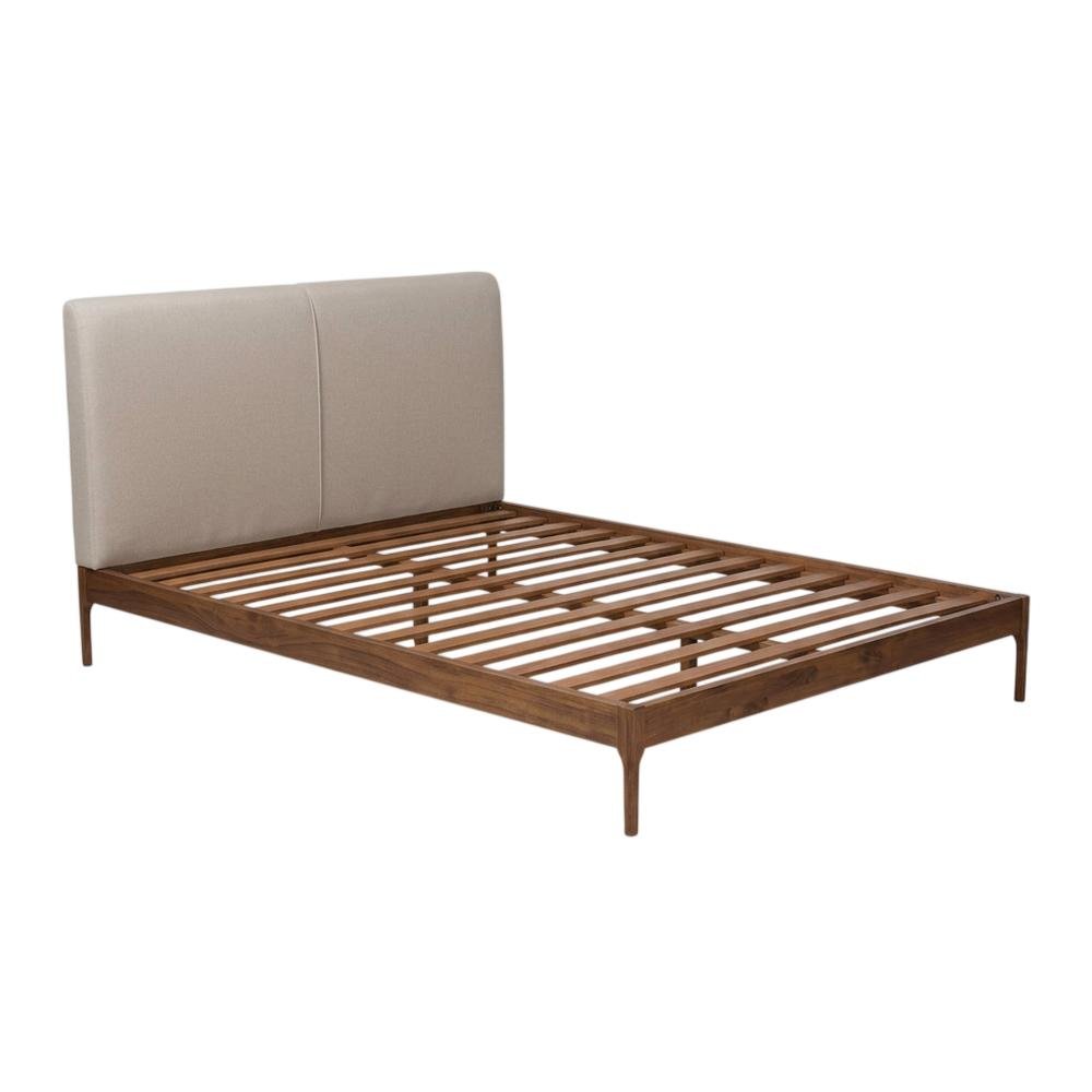 Beige Fabric Upholstered King Platform Bed with Walnut Finish and Modern Style