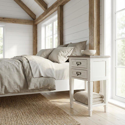 Distressed Finish Wood Nightstand in Weathered Oak, White Wash, Provincial Style
