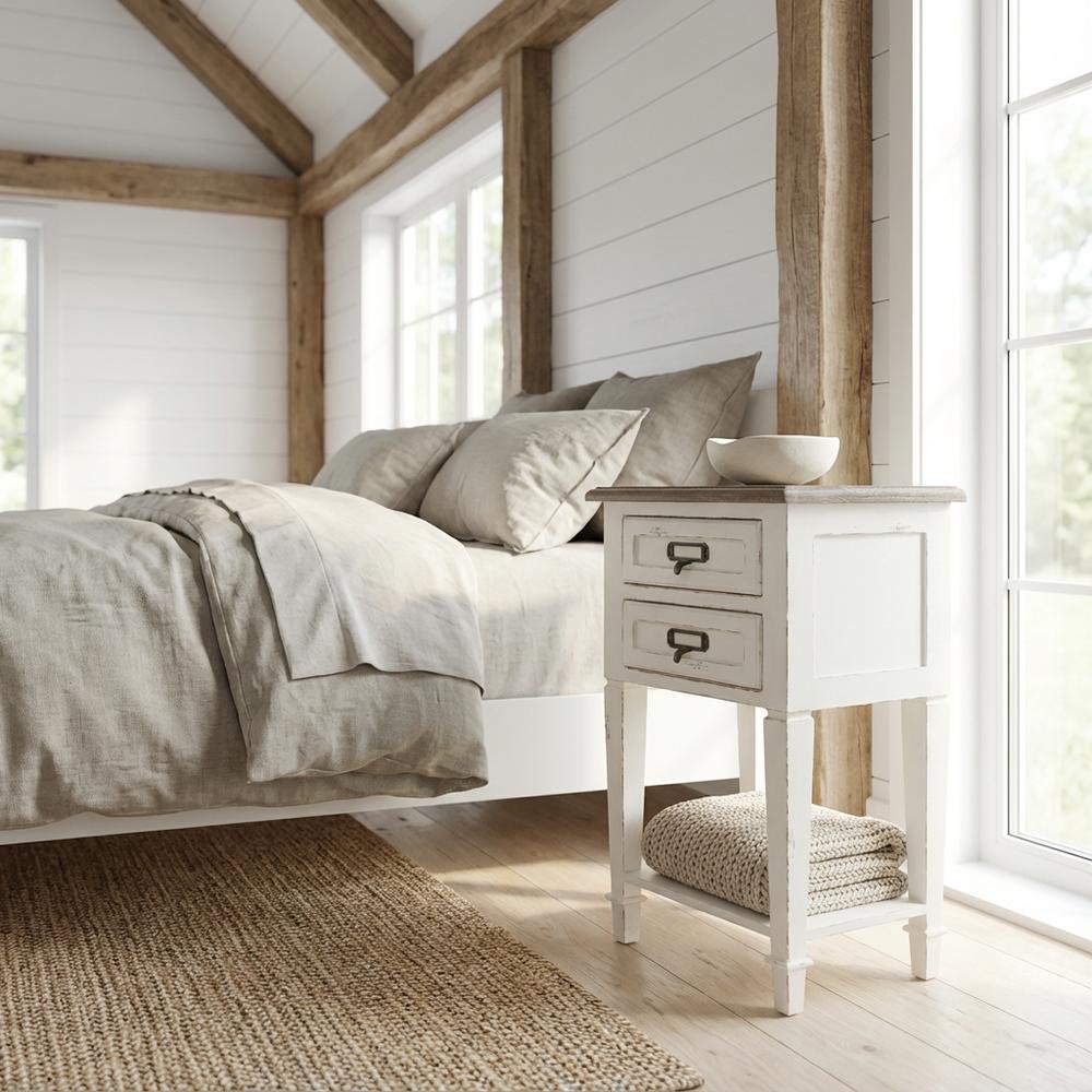 Distressed Finish Wood Nightstand in Weathered Oak, White Wash, Provincial Style