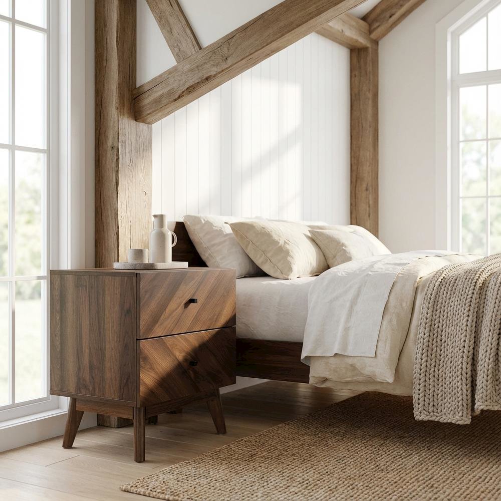 Walnut Finish Mid-Century Modern Nightstand with 2 Drawers and Mdf Frame