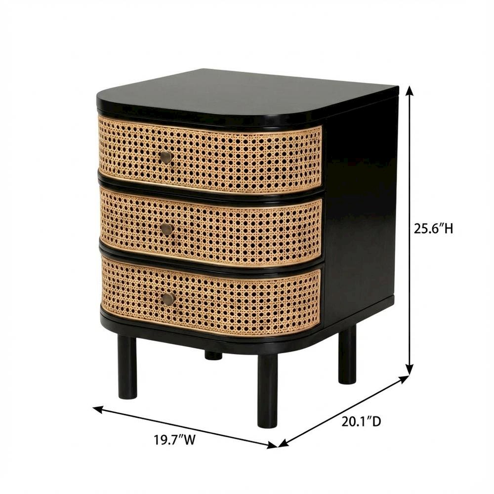 Bohemian Bayur Wood and Rattan Nightstand with 3 Drawers and Light Finish