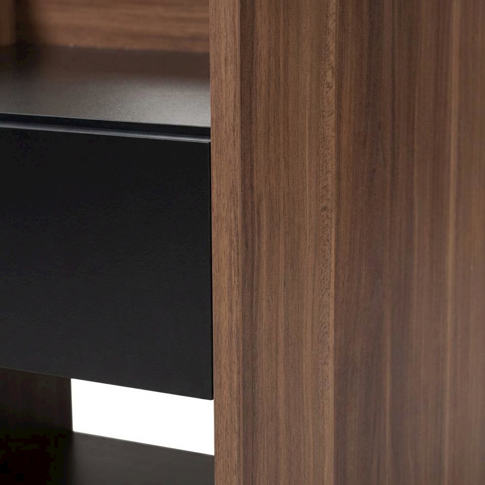 Contemporary Walnut and Black Nightstand with Wood Finish and Single Drawer
