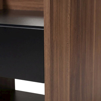 Contemporary Walnut and Black Nightstand with Wood Finish and Single Drawer