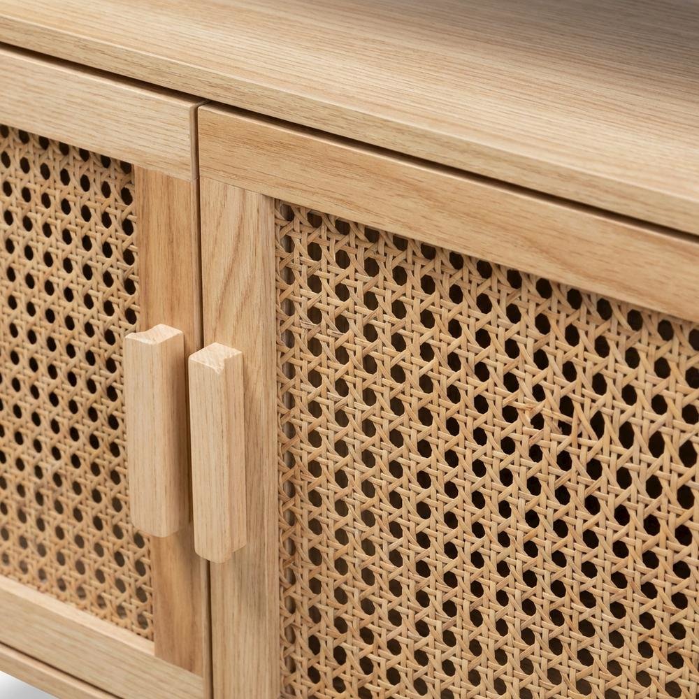 Wood and Rattan Bookcase with 2 Doors, Light Brown Finish for Living Room