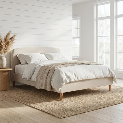 Light Beige Fabric Upholstered Queen Platform Bed with Mid-Century Style