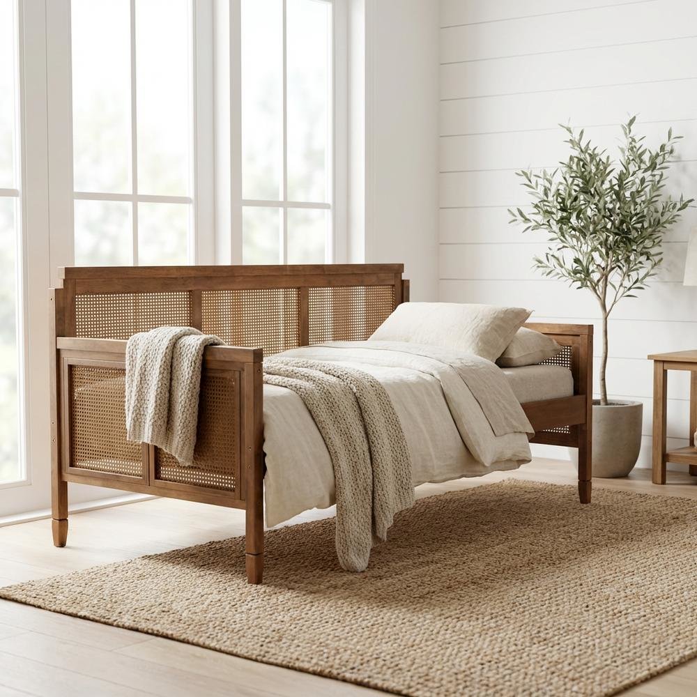 French Provincial Ash Walnut Daybed with Synthetic Rattan Frame