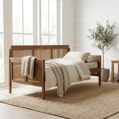 French Provincial Ash Walnut Daybed with Synthetic Rattan Frame