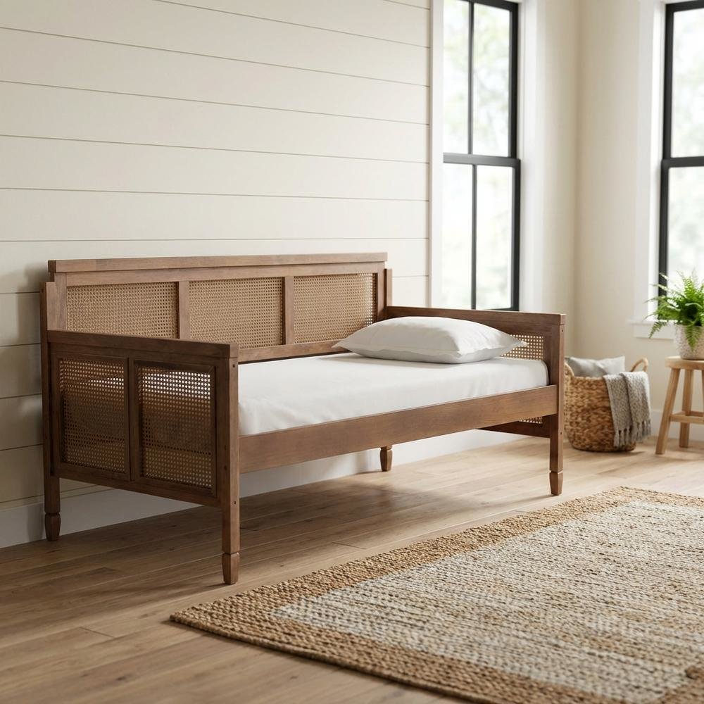 French Provincial Ash Walnut Daybed with Synthetic Rattan Frame