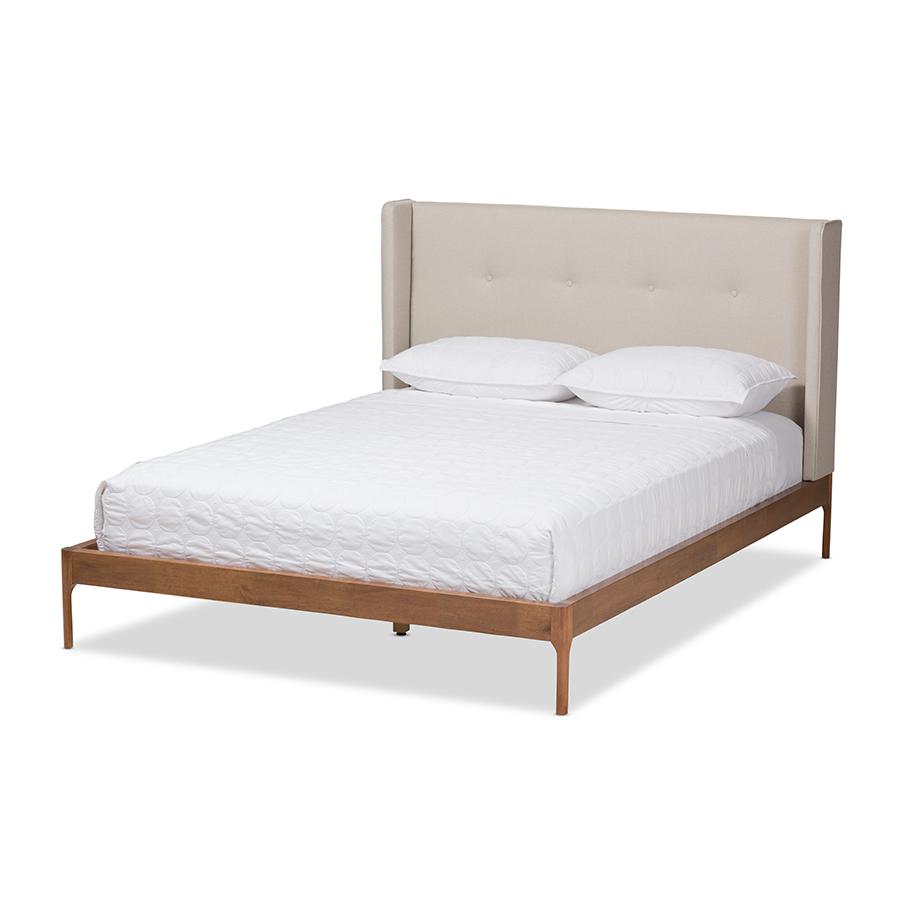King Size Bed with Walnut Finish and Beige Fabric Upholstery, Mid-Century Style