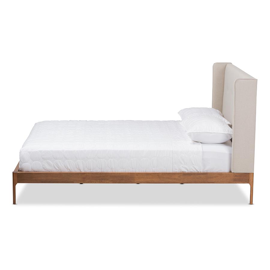 King Size Bed with Walnut Finish and Beige Fabric Upholstery, Mid-Century Style