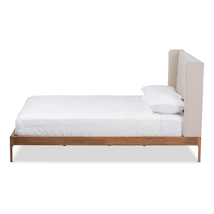 King Size Bed with Walnut Finish and Beige Fabric Upholstery, Mid-Century Style