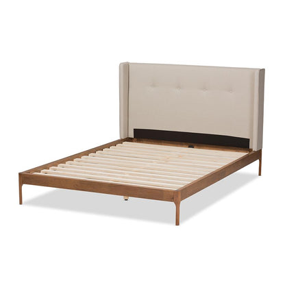 King Size Bed with Walnut Finish and Beige Fabric Upholstery, Mid-Century Style