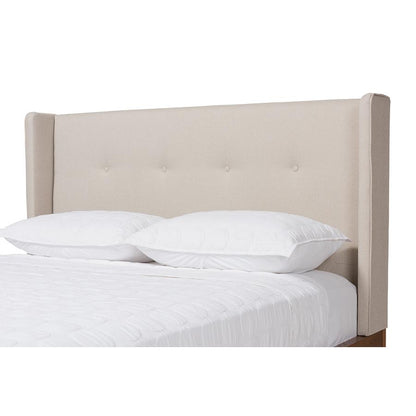 King Size Bed with Walnut Finish and Beige Fabric Upholstery, Mid-Century Style